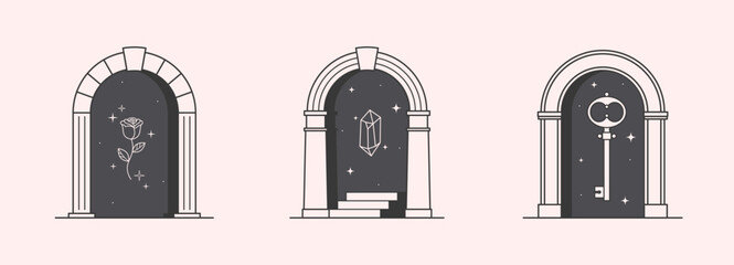 Wall Mural - Vector mystic logo design templates with portals,steps,magic flower,stars,gem and key.Surreal abstract illustrations in trendy minimal outline style.Celestial emblems.Branding design templates.
