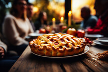 Delicious homemade apple pie on rustic wooden table with burning candles