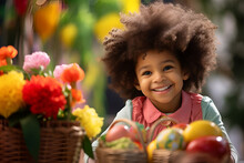 Easter, African American Boy In Nature Among Flowers And Baskets Of Easter Eggs