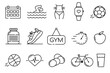 Fitness Activities Thin Line Icons. Containing healthy lifestyle, weight training, body care and workout or exercise equipment icons. Fitness and sport
