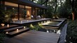 Luxury home exterior backyard garden pond. Generative AI