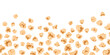 Falling pop corn border. Cartoon popcorn pattern, sweet or salty popping corn snack flat vector background illustration. Flying corn flakes