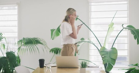 Canvas Print - Woman, pacing and office with phone call for job, employee and working on advertising proposal. Discussion, agree and person for occupation, workplace and confident for company, cellphone or tech