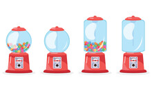 Set Of Cute Candy Machines In Cartoon Style. Vector Illustration Of Transparent Candy Machines With Colored Candies: Round And Rectangular Isolated On White Background. Gumball Machine.