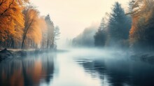 Lake Foggy In Sunrise With Autumn Foliage. Generative AI