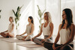 Yoga Women's Class Group Session on Boho Minimalist Background, for Wellness Fitness Self Care Space, Minimal Aesthetic, dappled light