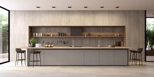 Front View Of A Contemporary Kitchen, Designed With Modern Architecture And Represented In .