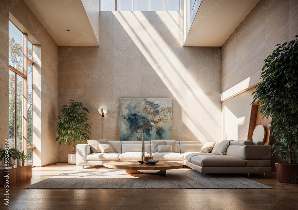 Picture of Stunning architecturally designed modern living room, with warm morning ...