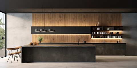 Sticker -  depiction of a kitchen with a black and wooden wall, concrete floor, white and gray countertops, and unique ceiling lamps.