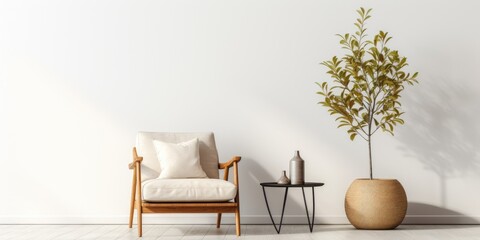 Sticker - Minimalist and aesthetic living room with boucle armchair, wooden coffee table, pendant lamp, leafs in vase, decorations, accessories, and copy space. Home decor.