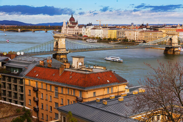 Wall Mural - Image of view on Parliament and Chain Bridge in Budapest outdoors.