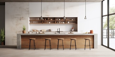 Sticker -  an Industrial style kitchen with white walls, concrete floor, white countertops, cupboards, wooden bar with stools, and built-in sink - front view