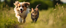 A Dog And A Cat Running Happily In The Grass 2