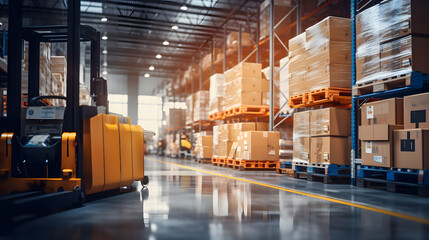 Wall Mural - A retail warehouse full of shelves with goods in cartons, with pallets and forklifts. Logistics and transportation blurred the background. Product distribution center 