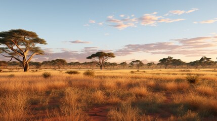 Wall Mural - An expansive savanna landscape at golden hour, with acacia trees and long shadows on the grass.