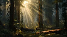 A Dense, Old-growth Forest With Towering Trees, Ferns, And A Ray Of Sunlight Piercing Through.
