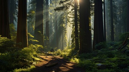 Wall Mural - A dense, old-growth forest with towering trees, ferns, and a ray of sunlight piercing through.