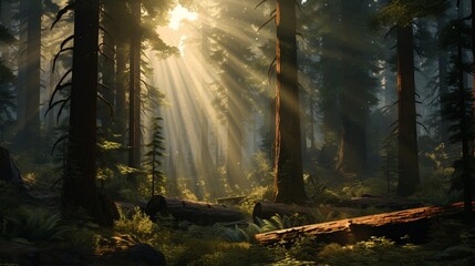 Wall Mural - A dense, old-growth forest with towering trees, ferns, and a ray of sunlight piercing through.
