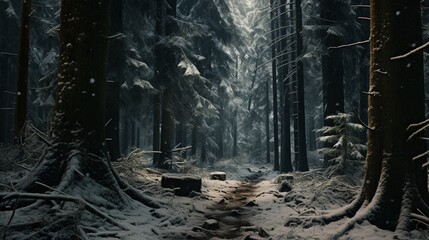 Wall Mural - A dense pine forest in winter, with snow-covered trees and a faint path leading into the woods.