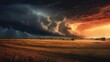A dramatic thunderstorm over a prairie, with lightning in the distance and dark, ominous clouds.