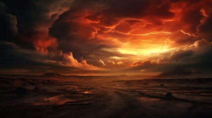 Wall Mural - A dramatic sky over a barren landscape, with dark clouds, a setting sun, and a sense of vastness.