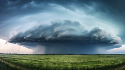 Wall Mural - A dramatic thunderstorm over a prairie, with lightning in the distance and dark, ominous clouds.
