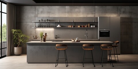 Wall Mural -  high-end kitchen with concrete walls, dark gray island, built-in sink and cooker, and gray cupboards with bar and stools.