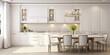 Current kitchen trend. White furniture with ecru accents. Front perspective. Utilization of white hue. ing.