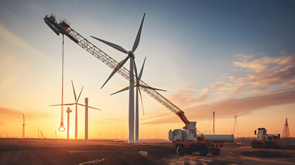 Wall Mural - Crane holding big white blades on wind turbine / solar panel construction site on sunset daytime