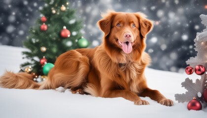 Poster - A golden retriever dog sitting in the snow in front of a Christmas tree