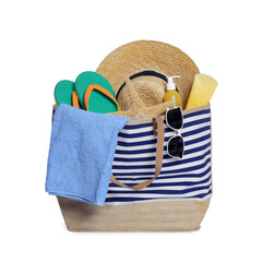 Sticker - Stylish bag with skin care products and other beach accessories isolated on white