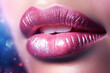 close up of a girl's lips wearing lipstick and glitter