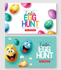 Wall Mural - Easter egg sale vector banner set. Easter egg hunt for special offer discount promo text with colorful elements in printed and smiling face decoration design. Vector illustration easter egg hunt 