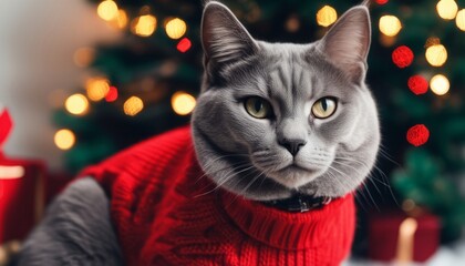 Canvas Print - A cat wearing a red sweater in front of a Christmas tree