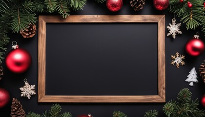 Sticker - A wooden frame with a black background and christmas ornaments