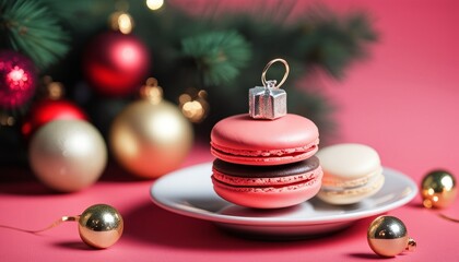 Wall Mural - A plate of macarons on a table with christmas decorations