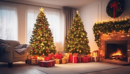 Sticker - A cozy living room with two lit Christmas trees