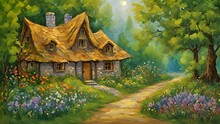 Nestled Edge Village, Mystical Forest Beckons With Emerald Green Trees Gnarled Branches. Small, Wooden Sign Reads Home Fairies Step Inside, Greeted Ling Lights, Colorful 2d Animation