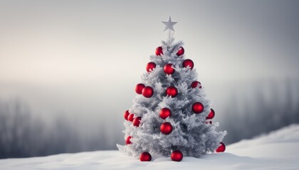 Wall Mural - A Christmas tree with red ornaments stands tall in the snow