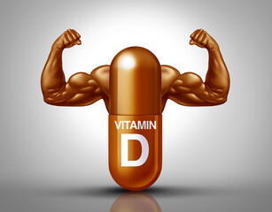 Wall Mural - Vitamin D Power supplement concept and dietary nutrition pill nutrient capsule for immune system and overall health with muscle biceps inside a pharmaceutical medication.