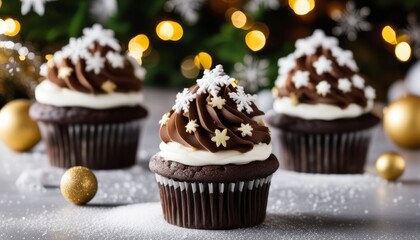 Canvas Print - Three chocolate cupcakes with white frosting and gold stars on top