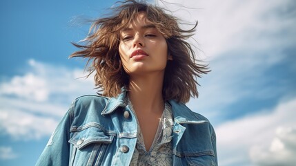 Wall Mural - Portrait of a beautiful woman wearing blue denim jacket posing against blue sky 