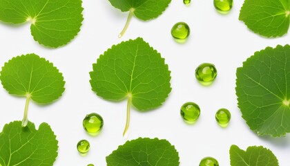 Canvas Print - A white background with green leaves and drops of water