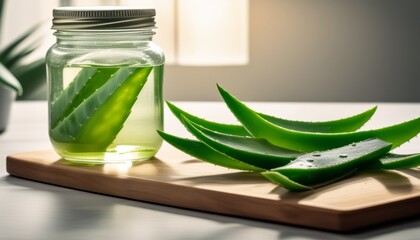 Poster - A jar of aloe vera juice and a leaf on a cutting board