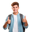 © Pajaros Volando - Young male university student posing optimistic doing thumbs up over white transparent background