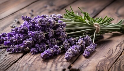 Poster - A bunch of purple flowers and green leaves on a wooden table