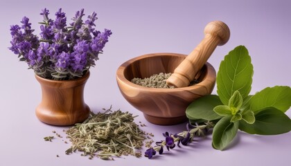 Poster - A wooden mortar and pestle with herbs and flowers