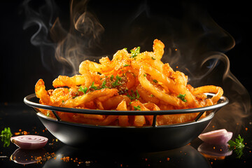 Wall Mural - A basket of seasoned curly fries, dramatic studio lighting and a shallow depth of field, placed on a reflective black surface, hot steam. Ai Generated.NO.03