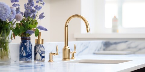 Wall Mural - A close-up photo of a blue and white kitchen with gold faucet and marble fixtures.