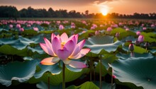 A Beautiful Sunset Over A Lily Pond